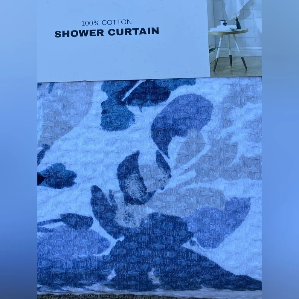 DKNY Floral Silhouette Waffle White Blue Cotton Fabric Shower Curtain 72